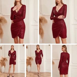 Small sequin bling red dark long sleeve deep v wrap midi sexy dress birthday